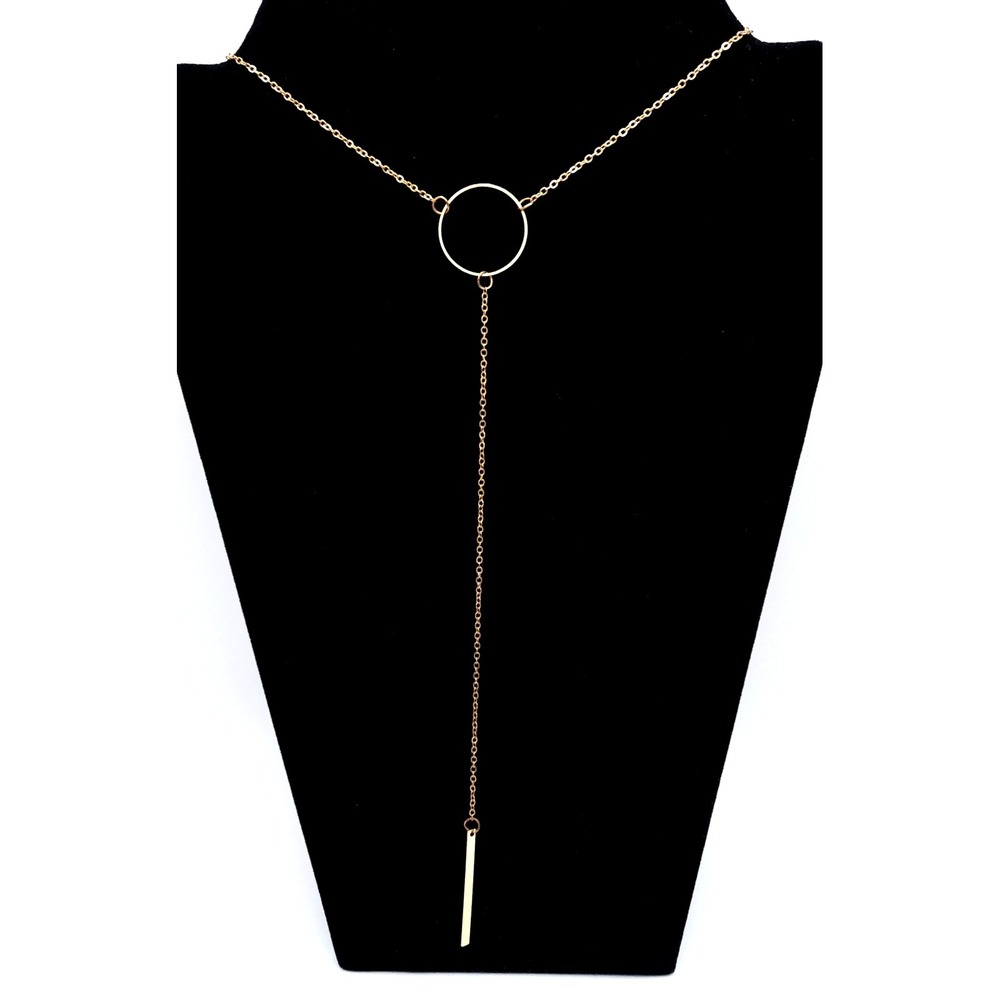Gold Tone Lariat Necklace Circle‎ Bar Minimalist Pendant